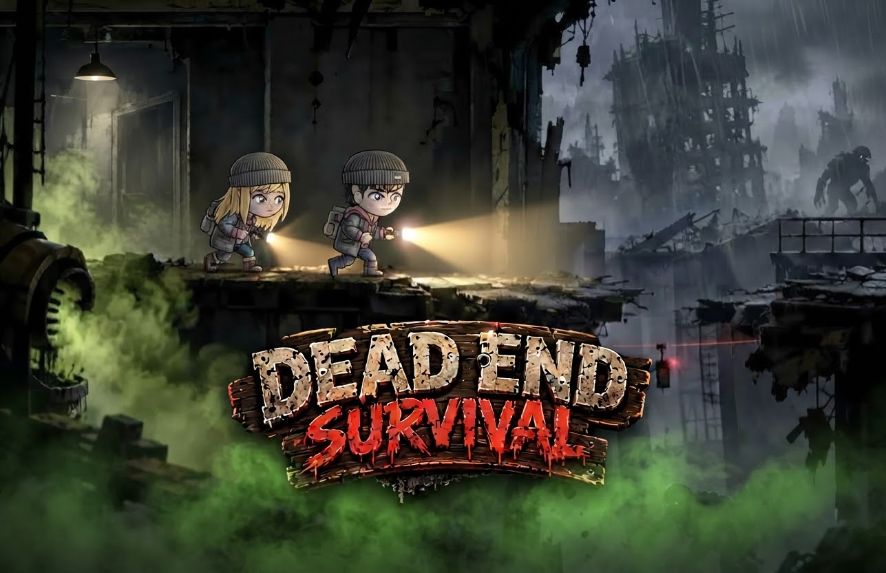 Dead End Survival key art: two chibi survivors cross a broken overpass with flashlights while toxic green gas rolls through a ruined city